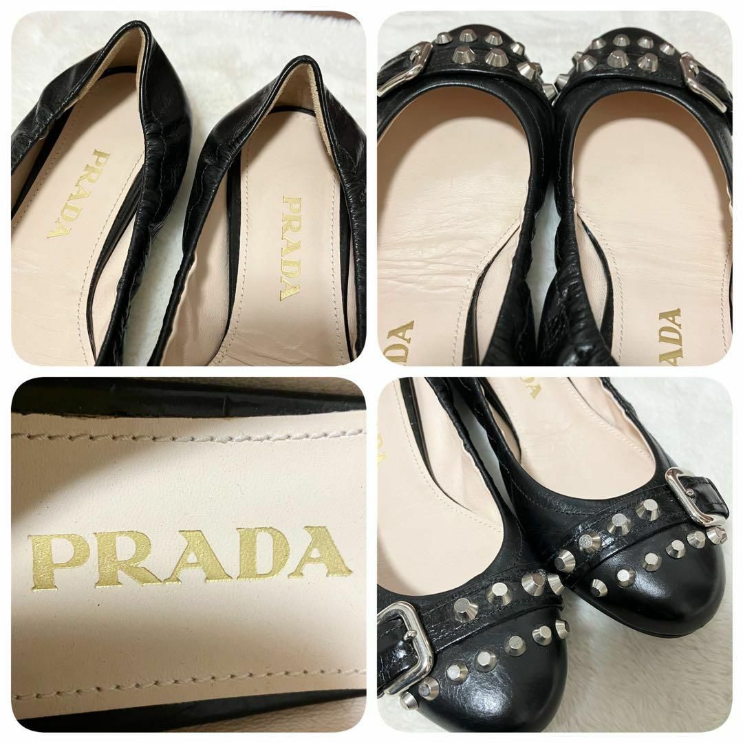 PRADA - 美品 PRADA バレエ シューズ 黒 36 スタッズ ベルト PRADA - 美品 PRADA バレエ シューズ 黒 36 スタッズ ベルト