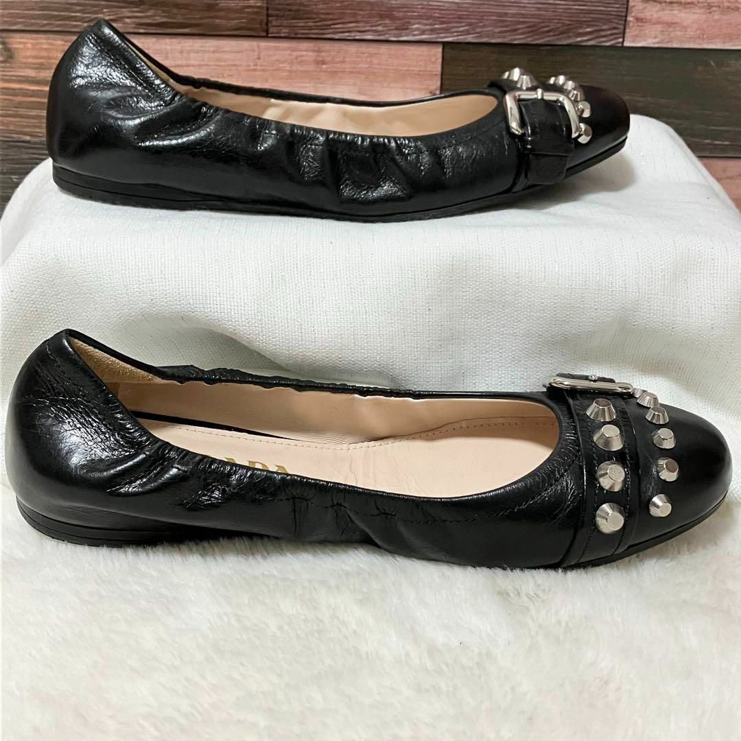 PRADA - 美品 PRADA バレエ シューズ 黒 36 スタッズ ベルト PRADA - 美品 PRADA バレエ シューズ 黒 36 スタッズ ベルト