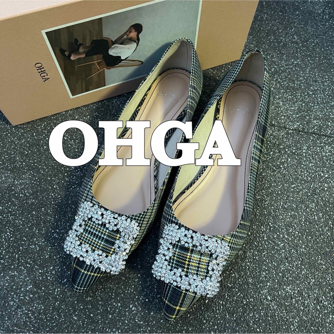 極美品】OHGA ビジューフラットパンプス チェック 23.5 極美品】OHGA ビジューフラットパンプス チェック 23.5
