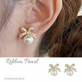 【大人気】　ピアス　パール　リボン　ゴールド　結婚式　可愛い　おしゃれ　デート(ピアス)