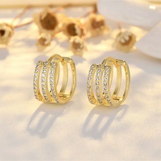 3連 幅広 小粒 CZダイヤ 14mm リング ピアス＊ゴールド＊(ピアス)