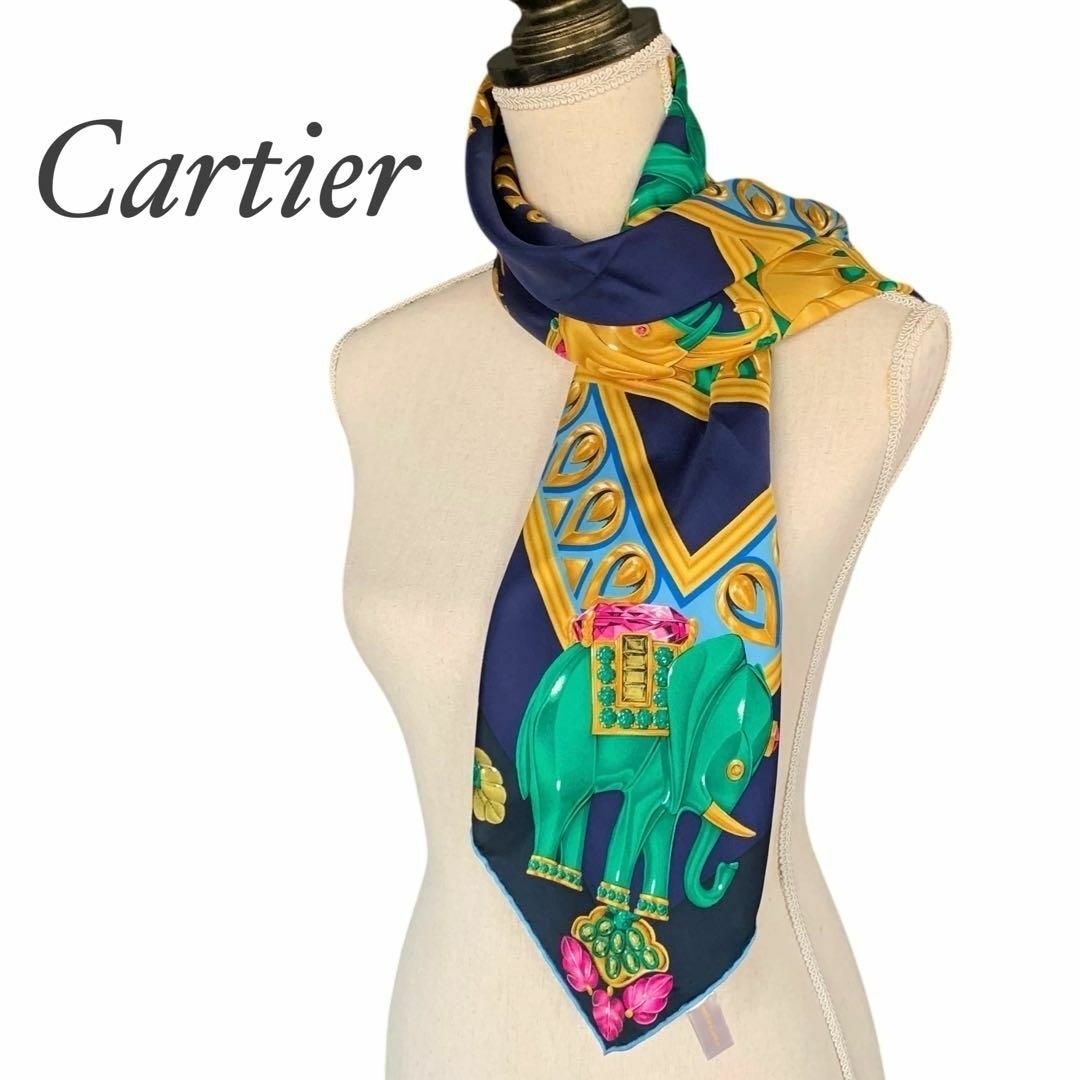 美品 カルティエ Cartier 象モチーフ 宝石 シルクスカーフ ネイビー 美品 カルティエ Cartier 象モチーフ 宝石 シルクスカーフ ネイビー