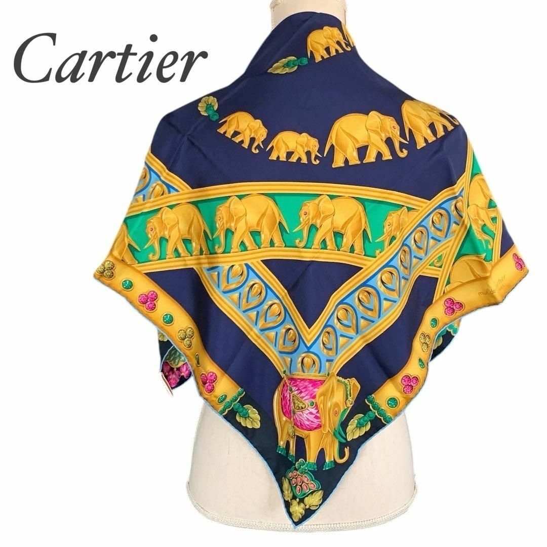 美品 カルティエ Cartier 象モチーフ 宝石 シルクスカーフ ネイビー 美品 カルティエ Cartier 象モチーフ 宝石 シルクスカーフ ネイビー