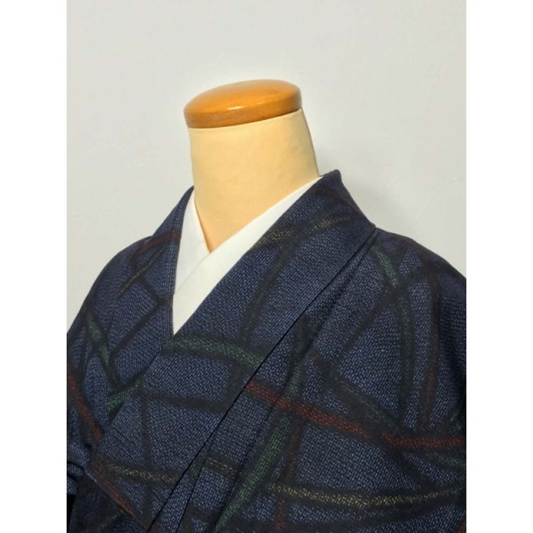 【中古】Mサイズ 正絹 紬 濃紺地に芝草文様