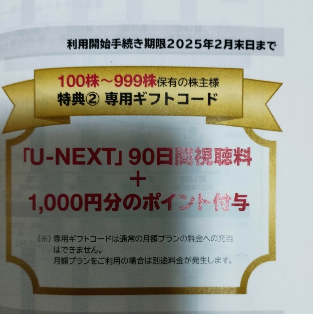 U-NEXT 株主優待 ユーネクスト チケットの優待券/割引券(その他)の商品写真