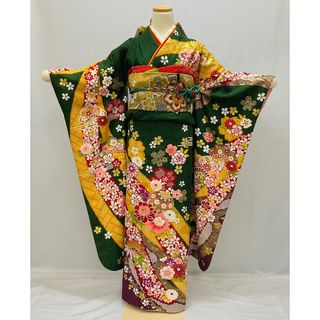 振袖 袋帯 帯揚げ 帯締め 渋可愛い 緑系 菊 牡丹 花柄 （最新の