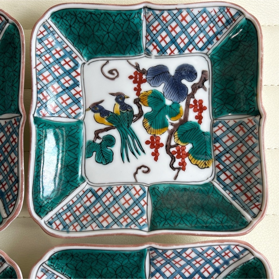九谷青窯 - 九谷焼 角福 角皿 4枚セット 花鳥図 色絵 中皿 銘々 九谷青窯 - 九谷焼 角福 角皿 4枚セット 花鳥図 色絵 中皿 銘々