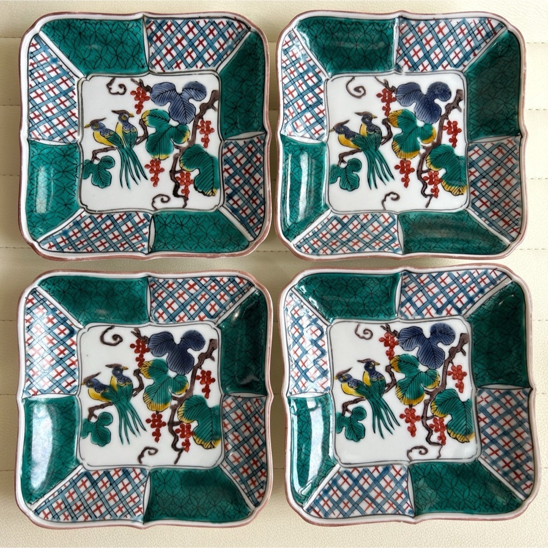 九谷青窯 - 九谷焼 角福 角皿 4枚セット 花鳥図 色絵 中皿 銘々 九谷青窯 - 九谷焼 角福 角皿 4枚セット 花鳥図 色絵 中皿 銘々