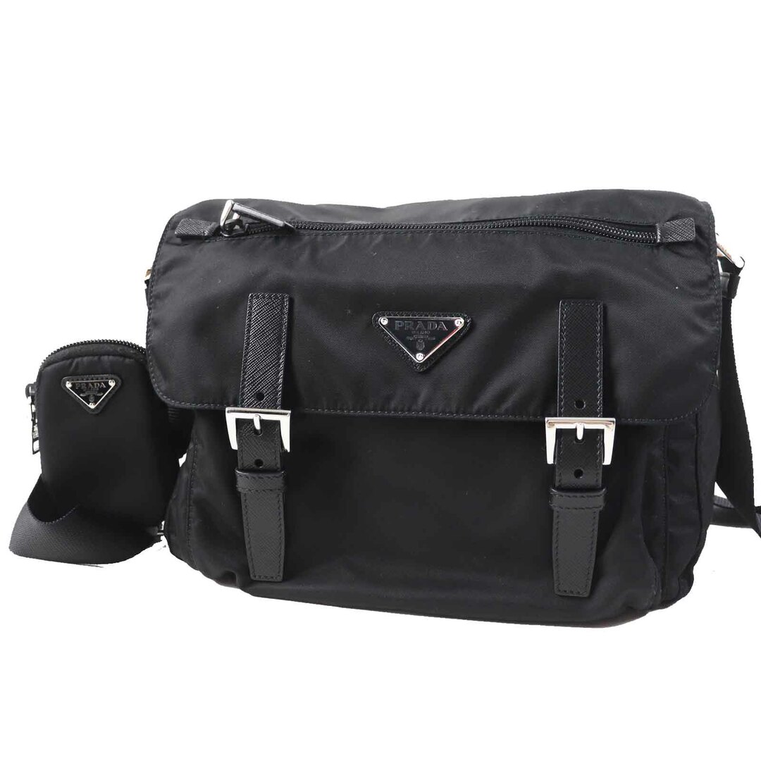 PRADA - 極美品◎PRADA プラダ 1BD953 RE-NYLON 三角プレート ポーチ付き ナイロン ショルダーバッグ ブラック シルバー金具 保存袋付き レディース