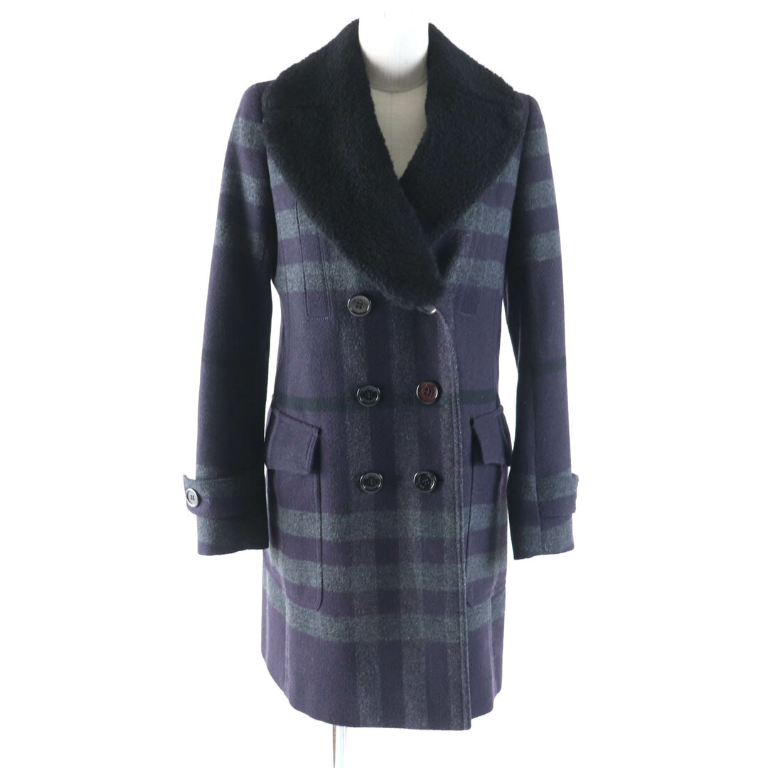 美品★BURBERRY LONDON バーバリーロンドン 襟元ムートン・ロゴボタン付 チェック柄 ダブルブレスト ウールコート パープル グレー 38 日本製 正規品 レディース
