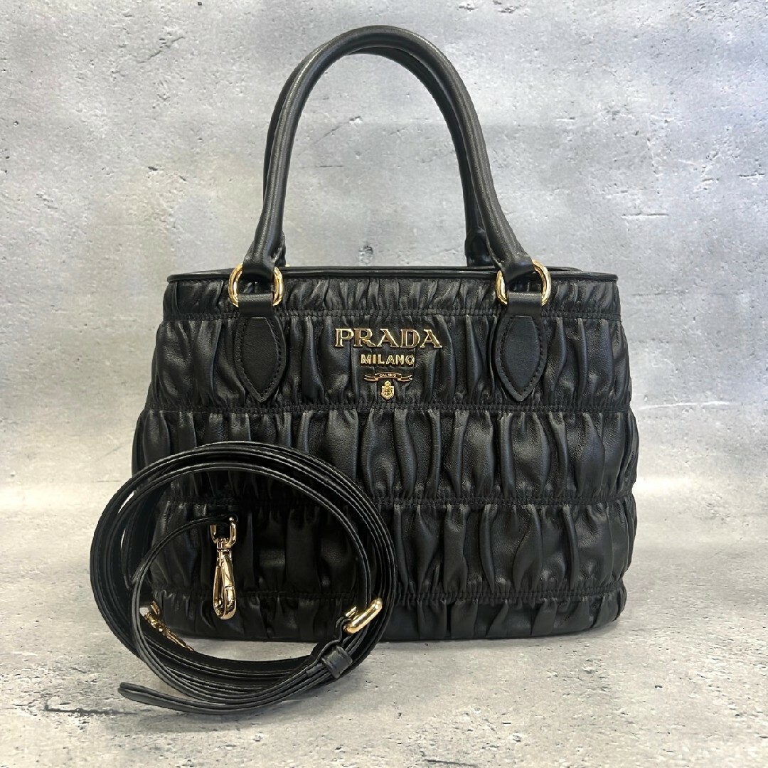 PRADA - プラダ 1BA172 ギャザー 2WAYハンドバッグ ショルダーバッグ ブラック