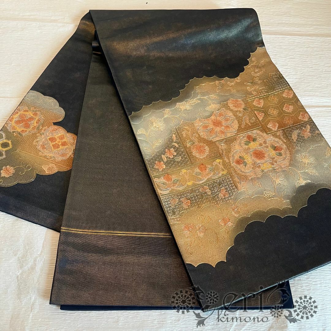 袋帯　汕頭刺繍　紺色　金