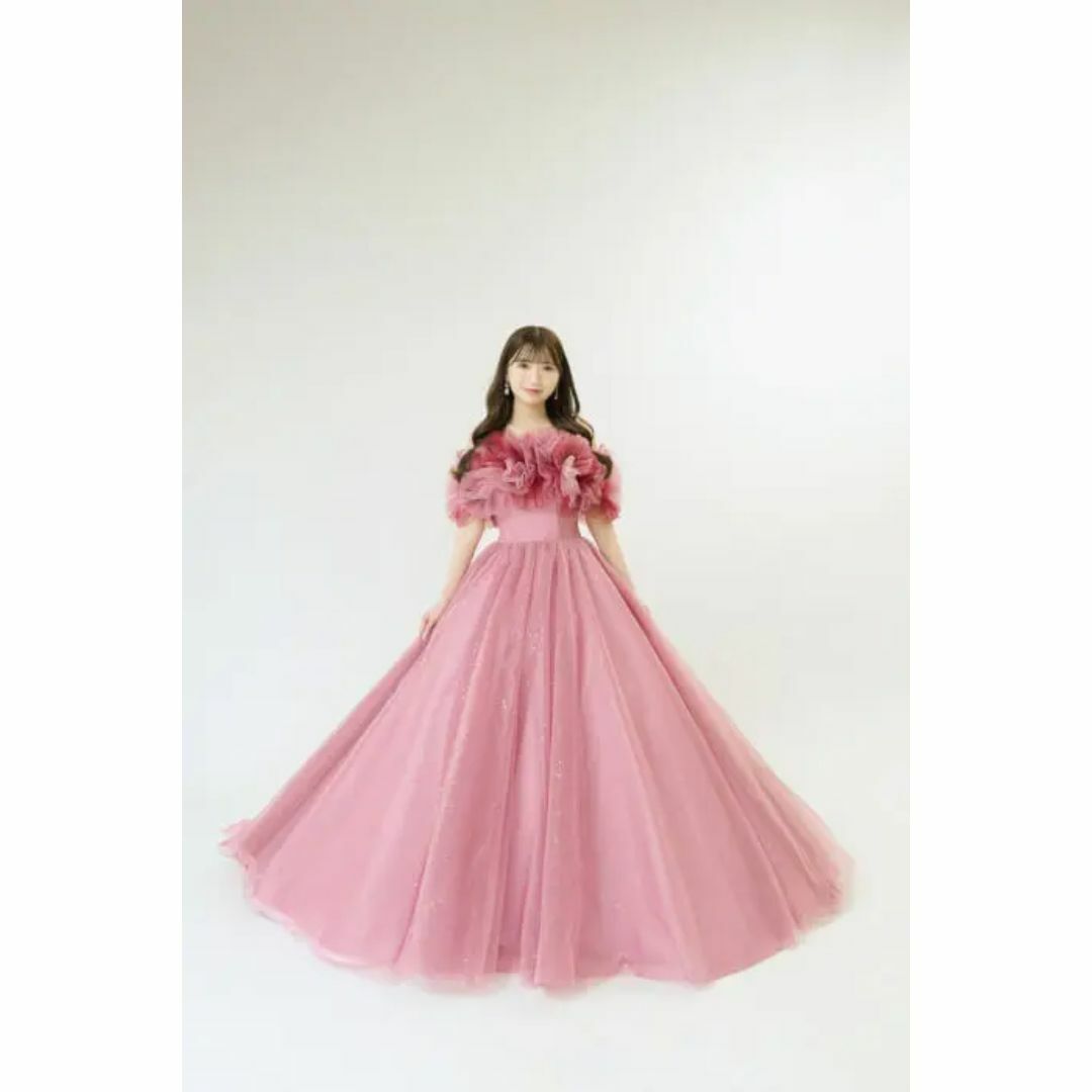 カラードレス ピンク オフショルダー デザイン感 チュールドレス 花嫁