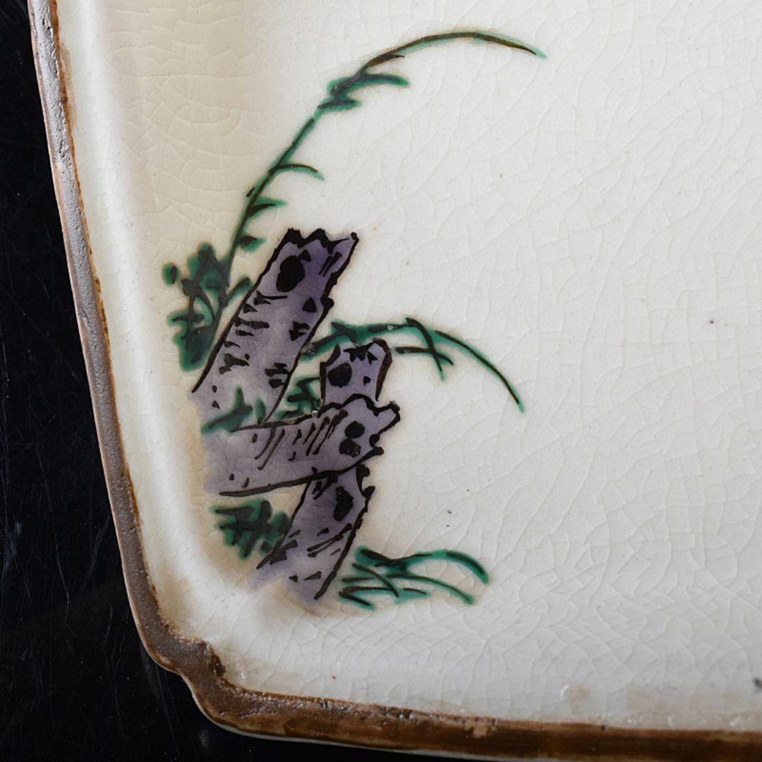 九谷焼 色絵 鳥草文 菱形中皿 五客 時代箱付 M R8296
