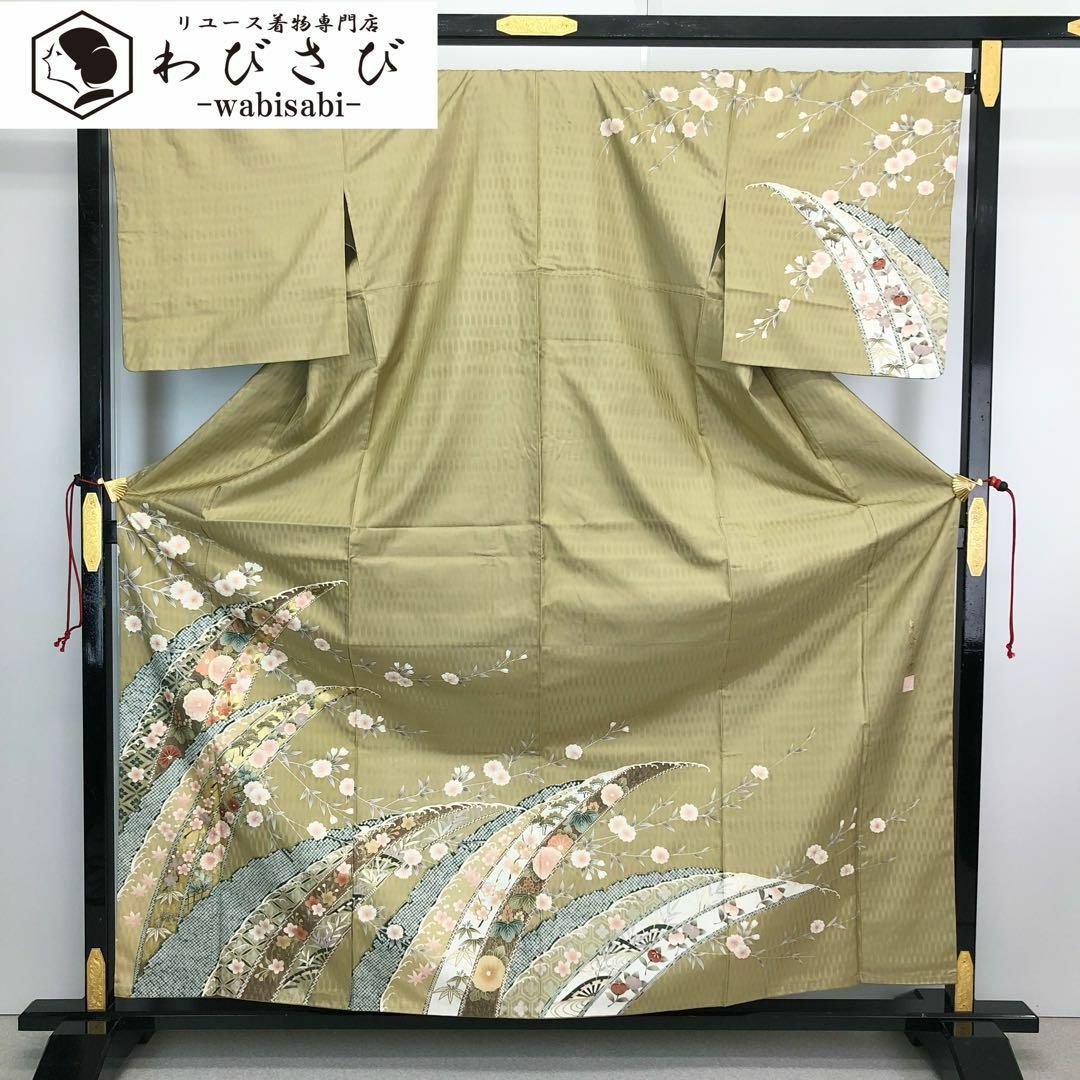 付下げ 染大島 㐂久郎 美しい花模様 金彩 枯色 K-4285 付下げ 染大島 㐂久郎 美しい花模様 金彩 枯色 K-4285