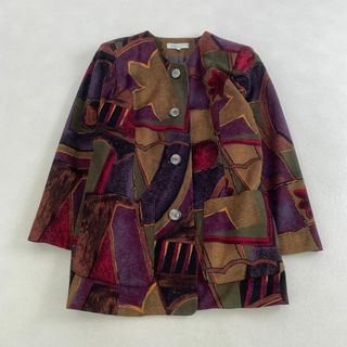 美品　ノーカラージャケット　柄　ミドル丈　トリアセテート　ポリエステル　人気素材(ノーカラージャケット)