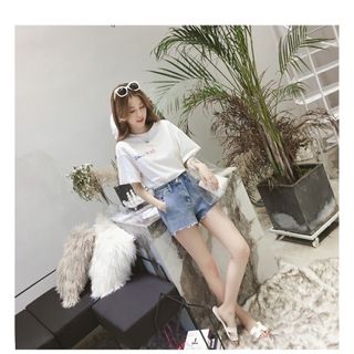【オーバーサイズ】Tシャツ ロゴT 　かわいい 　白5分袖 トップス カジュアル