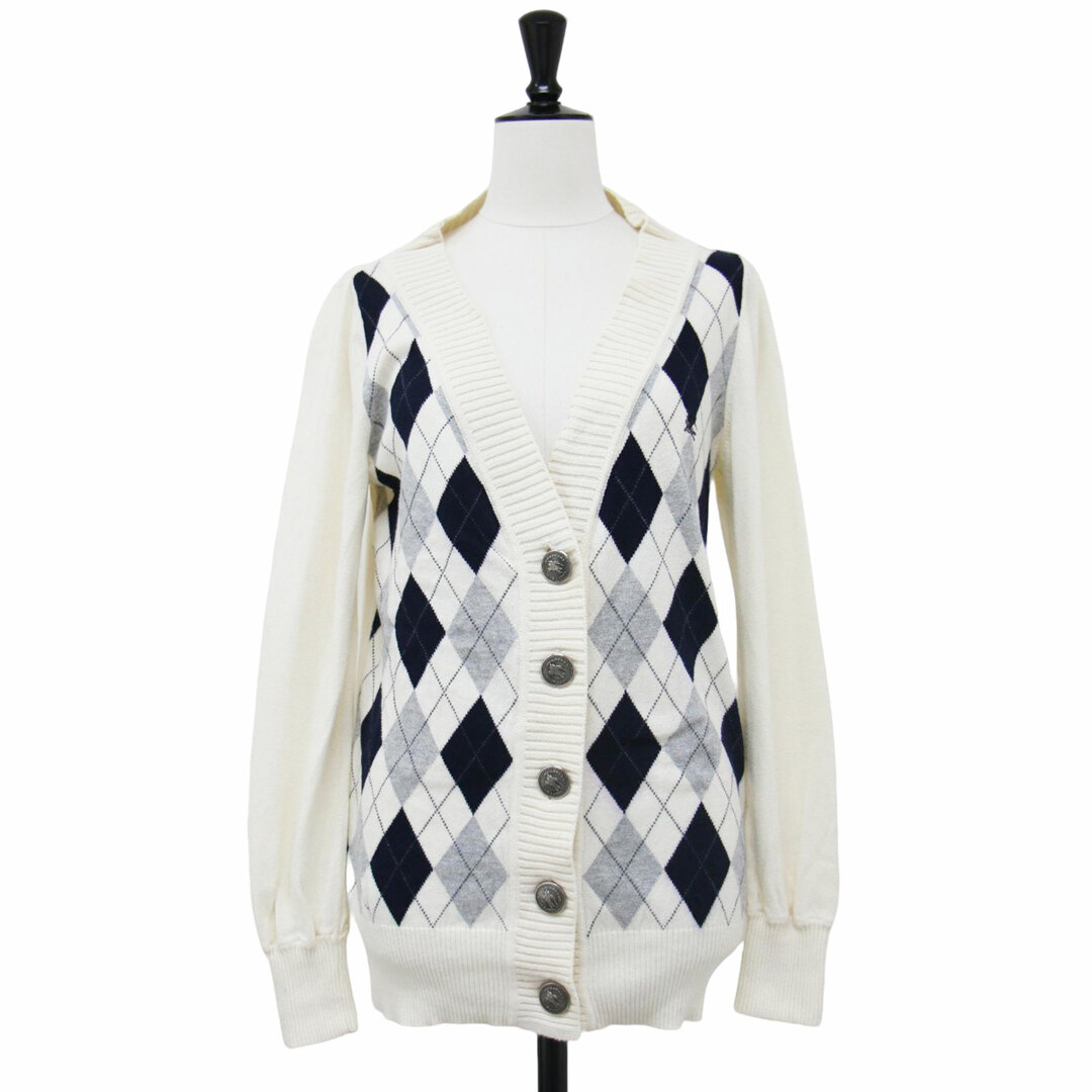 BURBERRY BLUE LABEL - BURBERRY BLUE LABEL バーバリー ブルーレーベル カーディガン ホワイト ネイビー 白紺 サイズ:38(M) Vネック アーガイルチェック柄 カーディガン / ニット 長袖 コットン カシミヤ トップス セーター 羽織り【レディース】【中古】