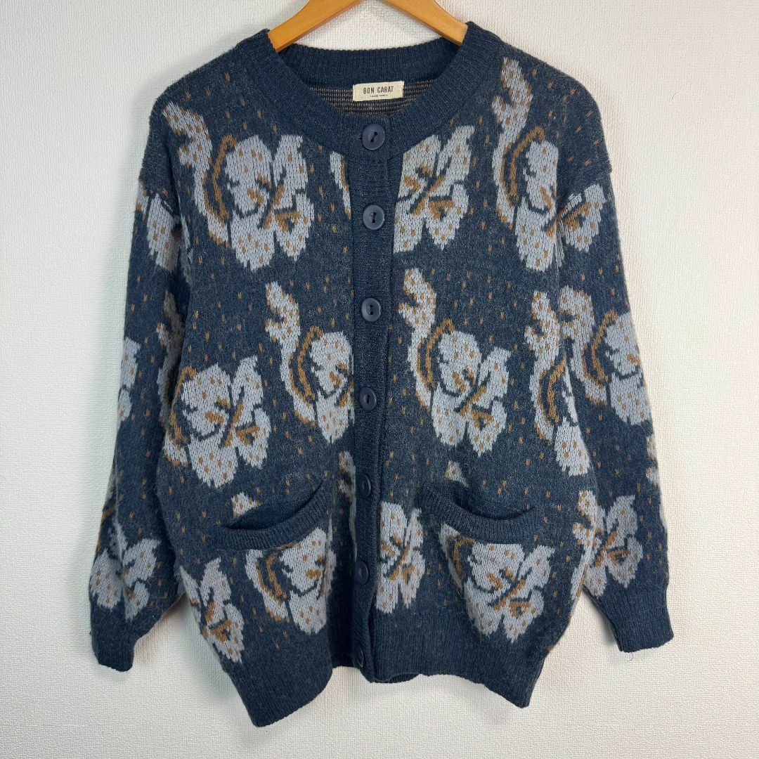 90s vintage ヴィンテージ カーディガン 総柄 花柄 ニット カーディガン ネイビー 紺 レディース 古着 ストリート レトロ　ギャル