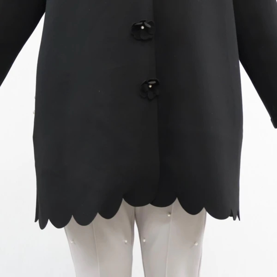 フラワーボタンスカラップボンディングコート/ブラック 黒