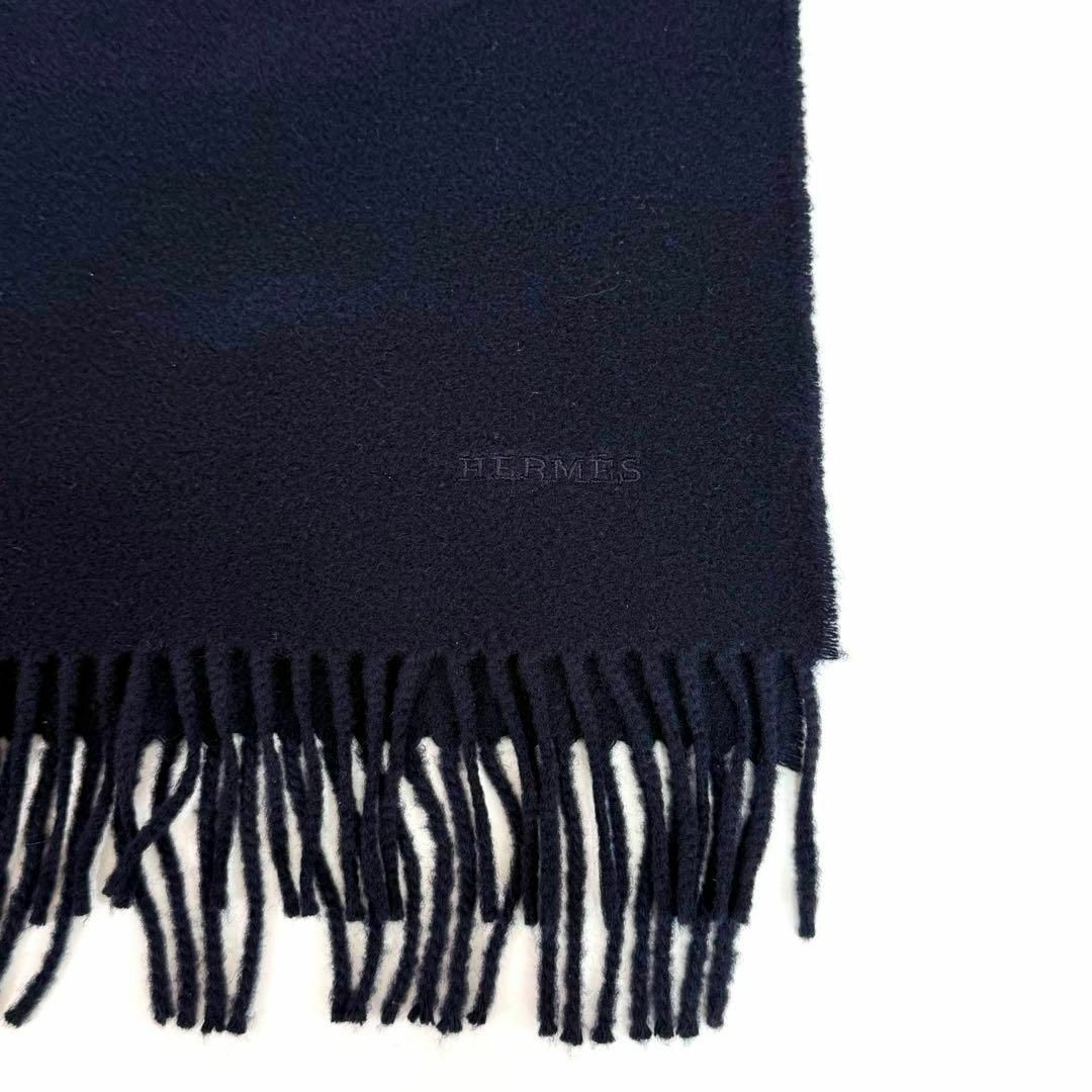 美品】HERMES エルメス カシミヤ 100% マフラー ネイビー 美品】HERMES エルメス カシミヤ 100% マフラー ネイビー