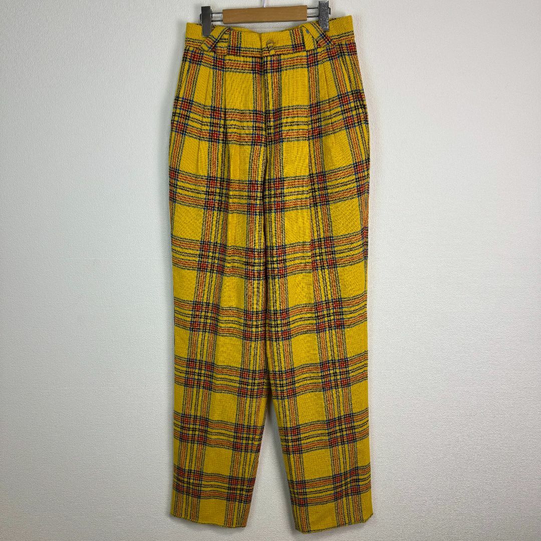 90s チェックパンツ スラックス チェック柄　ウールパンツ イエロー レディース サイズ46 古着 ストリート ナード系