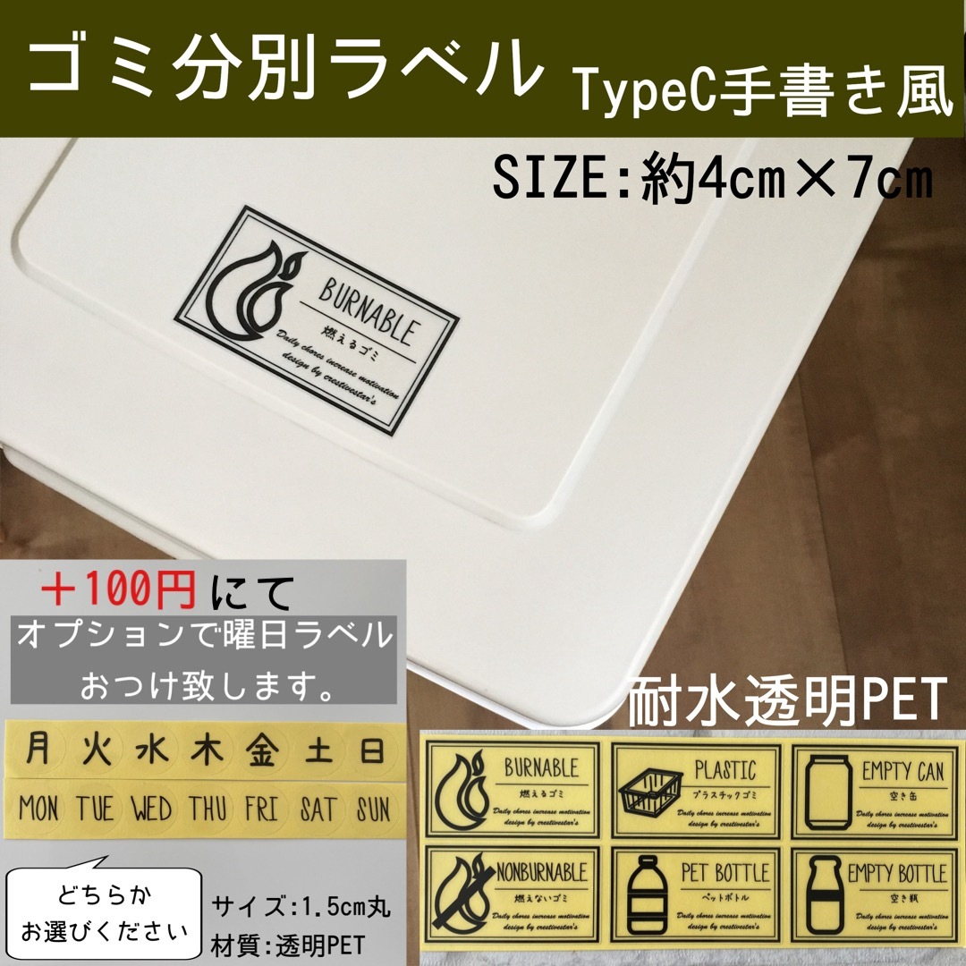【即購入OK】ゴミ分別ラベル蓋サイズイラスト入りTypeC 手書き風透明PET ハンドメイドの文具/ステーショナリー(しおり/ステッカー)の商品写真
