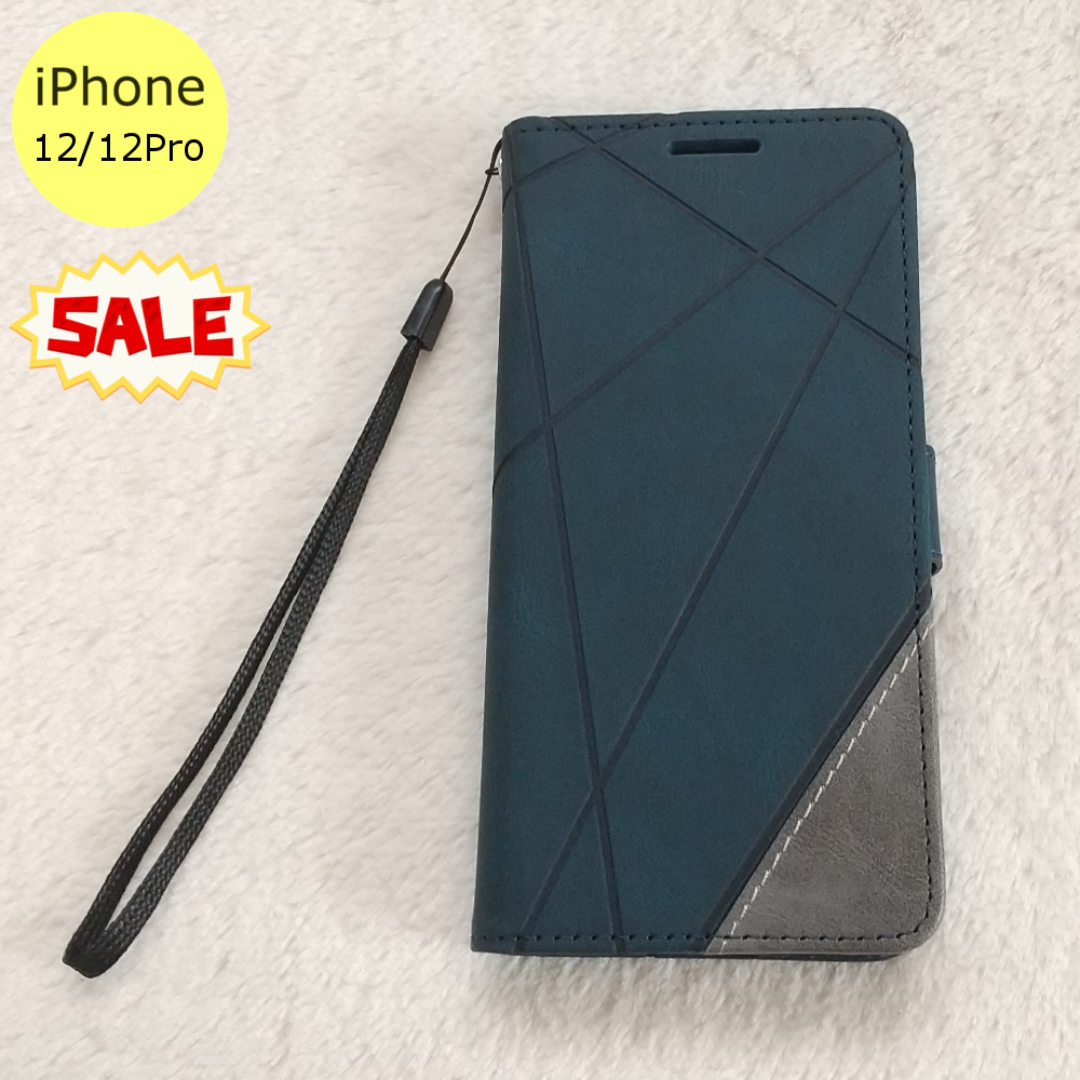 セール中♪ 斜線クロス 手帳型 iPhone12/12Proケース ブルー