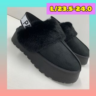Lサイズ　ファー付きサボサンダル　厚底　ムートンボアサンダル　黒　8661(サンダル)