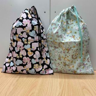 黒動物 ミントうさぎ柄【大きめ片ひも体操着袋】w35×40cm女の子小学校幼稚園(外出用品)