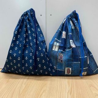 デニム風 2柄【大きめ片ひも体操着袋】w35×40cm 男の子小学校幼稚園保育園(外出用品)