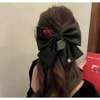 【残りわずか】黒　リボン　薔薇　バラ　パール　パーティー　イベント　ヘアアクセ(ヘアゴム/シュシュ)
