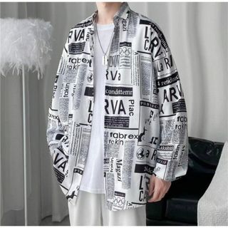 【残わすか】英字新聞柄シャツ　モノトーン　長袖　メンズ　オーバーサイズ　韓国　