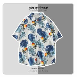 【レトロ】アロハシャツ　襟付き　ホワイト　半袖　メンズ　オーバーサイズ　夏(Tシャツ/カットソー(半袖/袖なし))