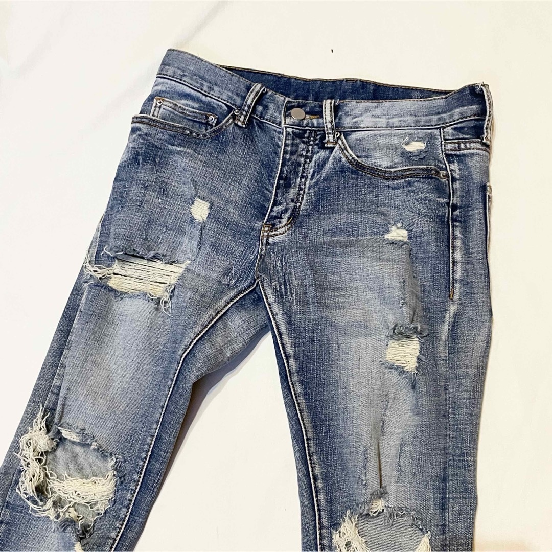 サイズ28 mnml 裾ジップ ダメージ加工 スキニーデニム サイズ28 mnml 裾ジップ ダメージ加工 スキニーデニム