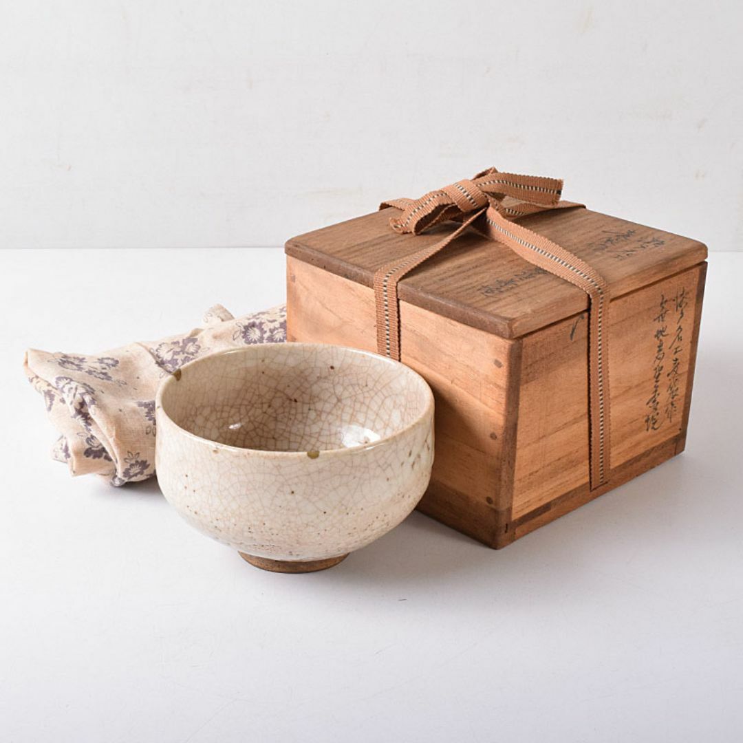 茶道具　瀬戸名工　加藤麦袋作　無地志野茶碗　書付時代箱　C　R8351