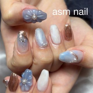 ネイルチップ ジェルネイル asmnail ぷっくりフラワー　ミラーネイル(つけ爪/ネイルチップ)