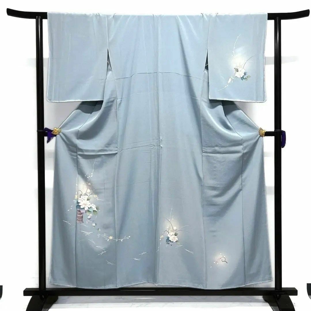 未着用 付け下げ 花桶 牡丹 松葉 菊 ブルー 着物 124a d