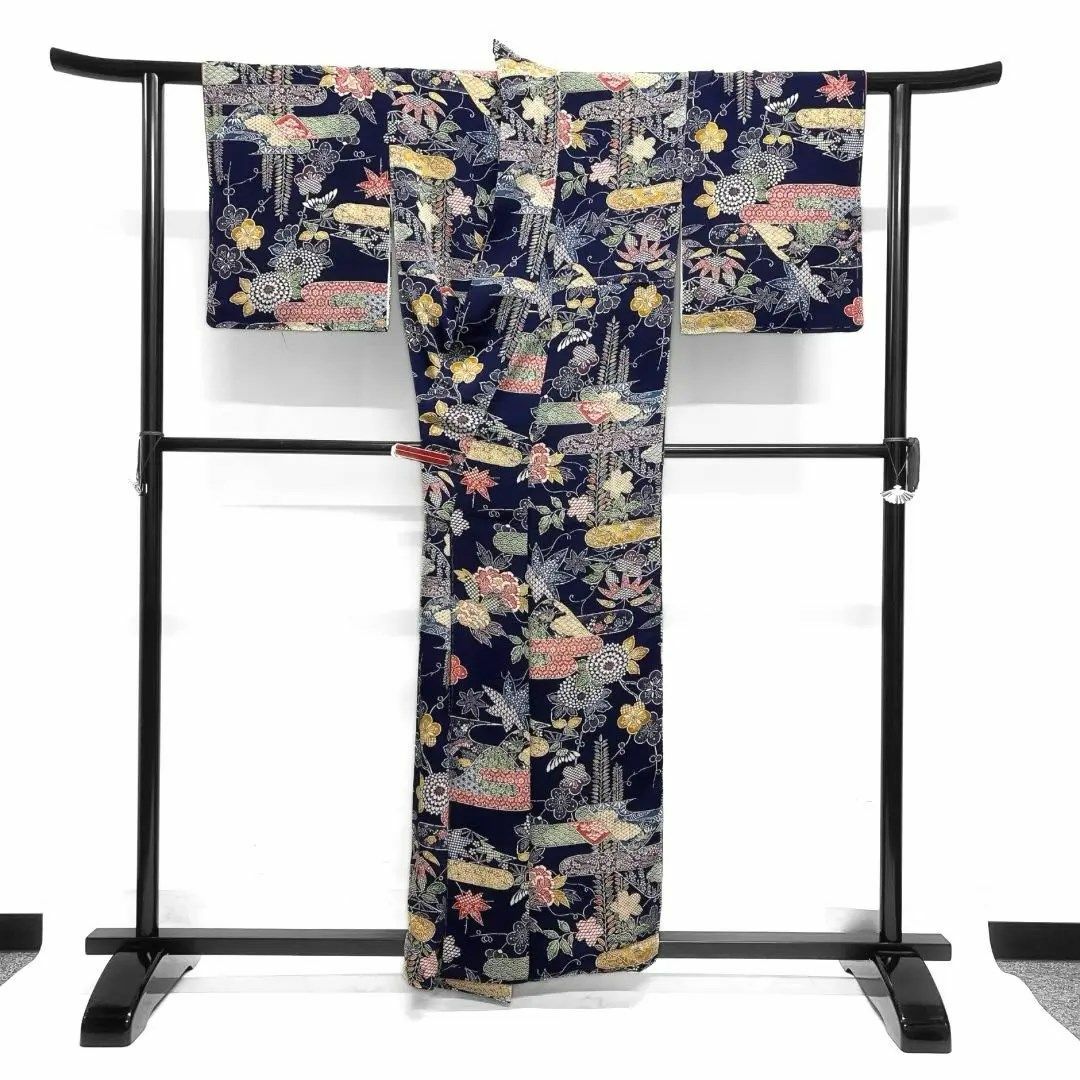 小紋 型染 藍染 ヱ霞 菊 梅 牡丹 竹 楓 着物 124a d 小紋 型染 藍染 ヱ霞 菊 梅 牡丹 竹 楓 着物 124a d