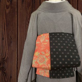 *紬お着物リメイク*　昼夜帯　半幅帯　長尺465cm　ハンドメイド(帯)