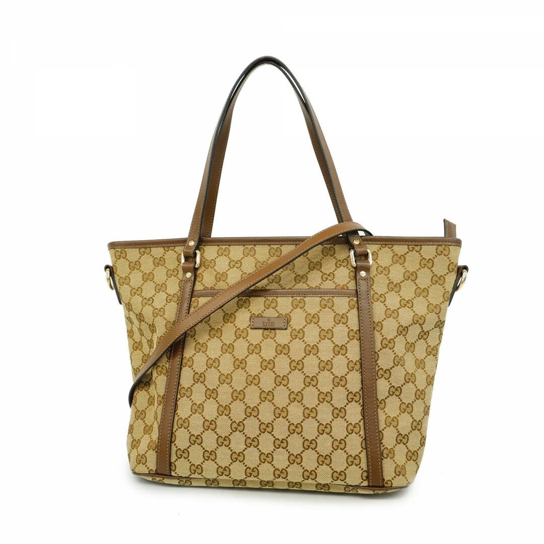 GUCCI - ★SALE【5ab1524】グッチ トートバッグ GGキャンバス 388929 キャンバス ベージュ ブラウン ゴールド金具【中古】レディース