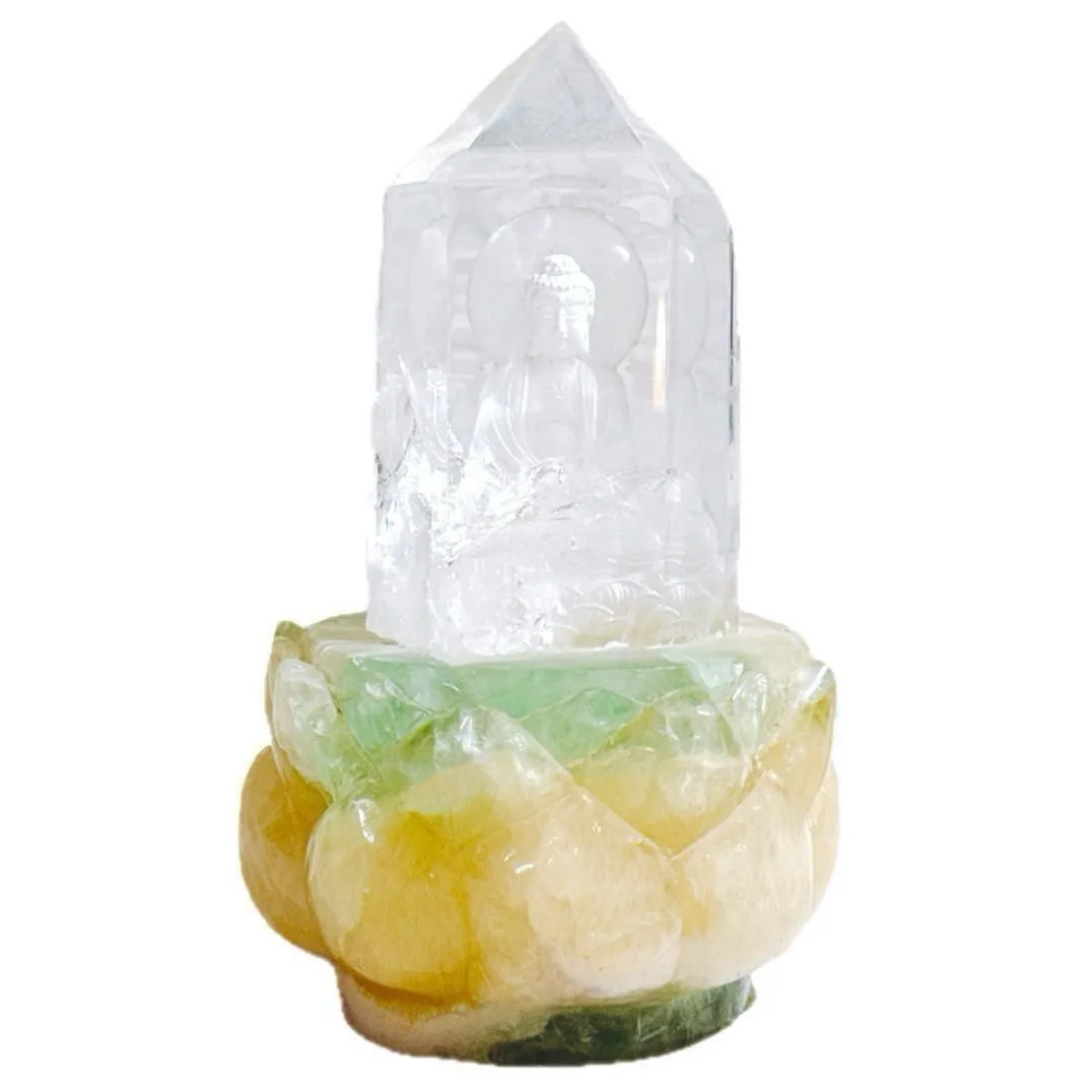 クリスタル 水晶 仏像 裏彫 土台付 天然 観音様 彫刻 置物 開運 1点物