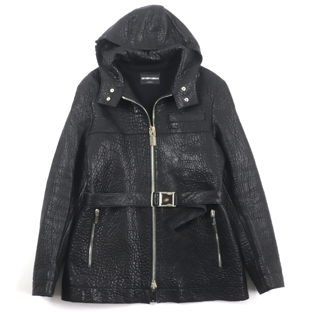 EMPORIO ARMANI - 極美品▼EMPORIO ARMANI エンポリオ アルマーニ ラムレザー 黒タグ フード・ベルト付き ジップアップ ロングコート ブラック 50 イタリア製 正規品 メンズ