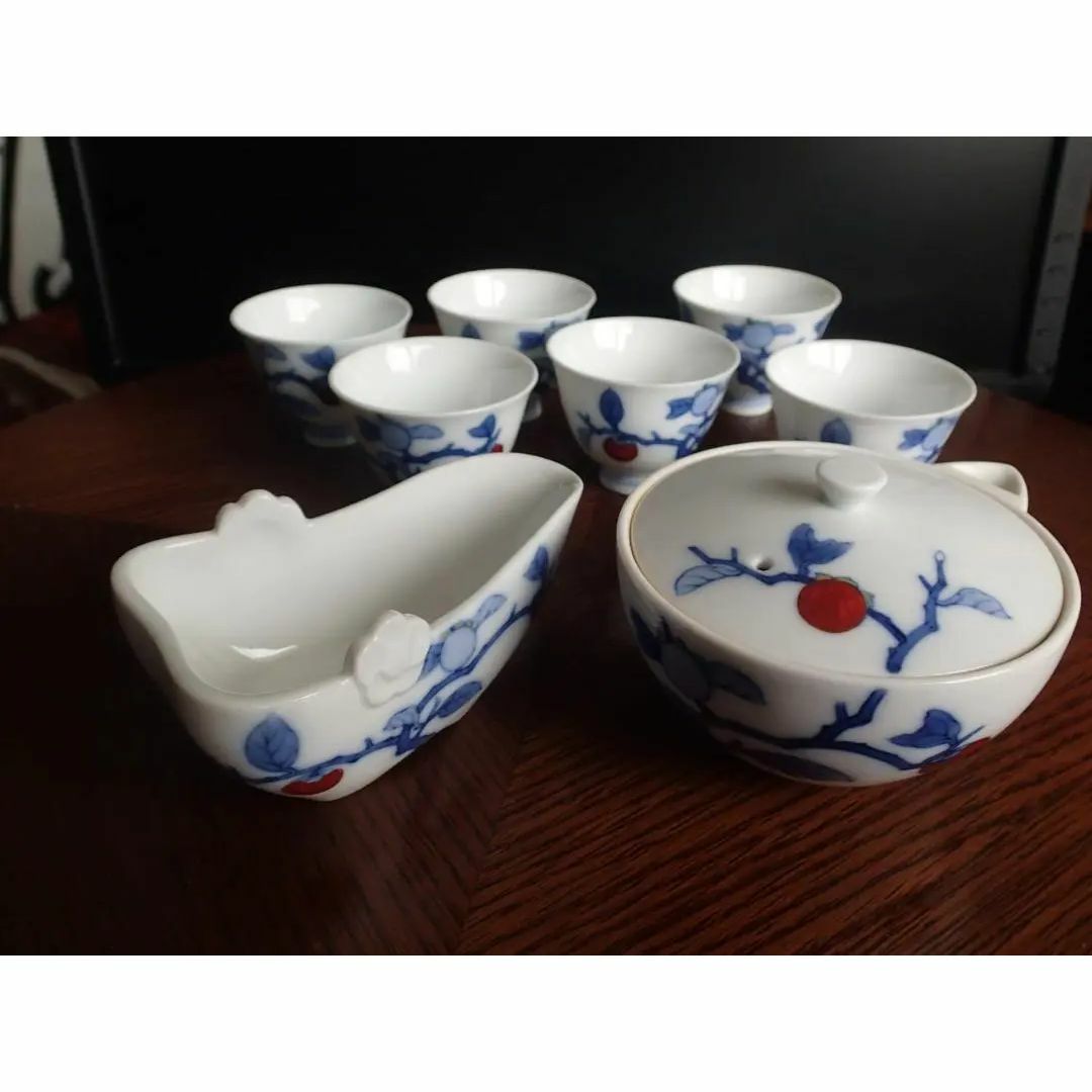 十三代 酒井田柿右衛門 染錦柿文 煎茶器セット　煎茶道具　木箱入り