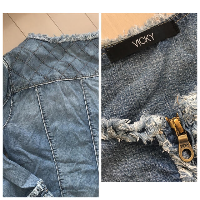 VICKY(ビッキー)のティミー❤︎様 専用 VICKY ノーカラーフリンジデニムジャケット♡ レディースのジャケット/アウター(Gジャン/デニムジャケット)の商品写真