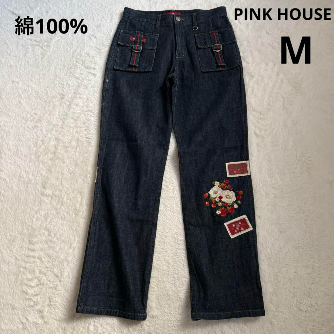 希少】PINK HOUSE.デニムパンツ 苺 刺繍 ワッペン ゆったり 日本製 希少】PINK HOUSE.デニムパンツ 苺 刺繍 ワッペン ゆったり 日本製