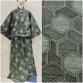 着物リメイク 幾何学模様 緑系 ショート丈羽織 ロングスカート(セット/コーデ)