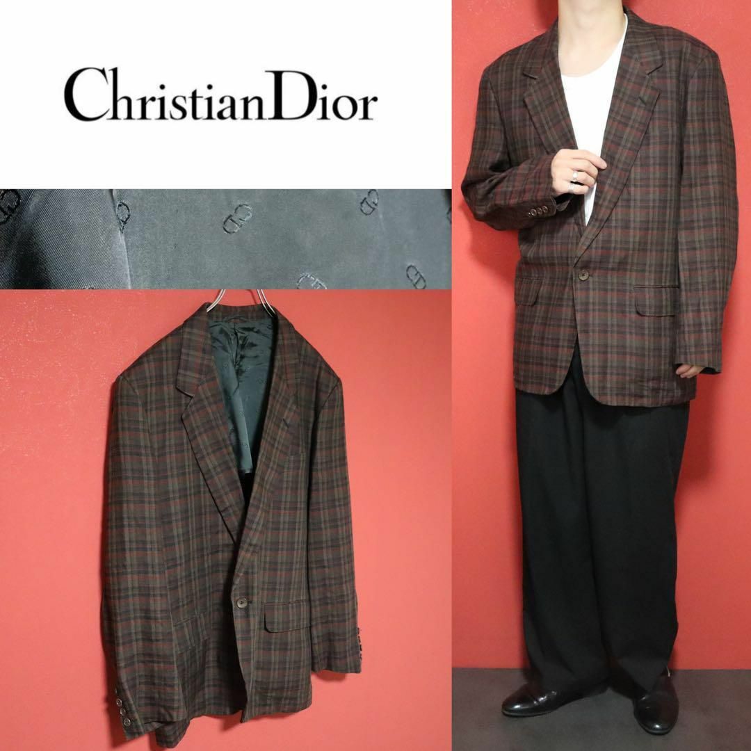希少】Christian Dior リネン100% チェック テーラードJKT 希少】Christian Dior リネン100% チェック テーラードJKT
