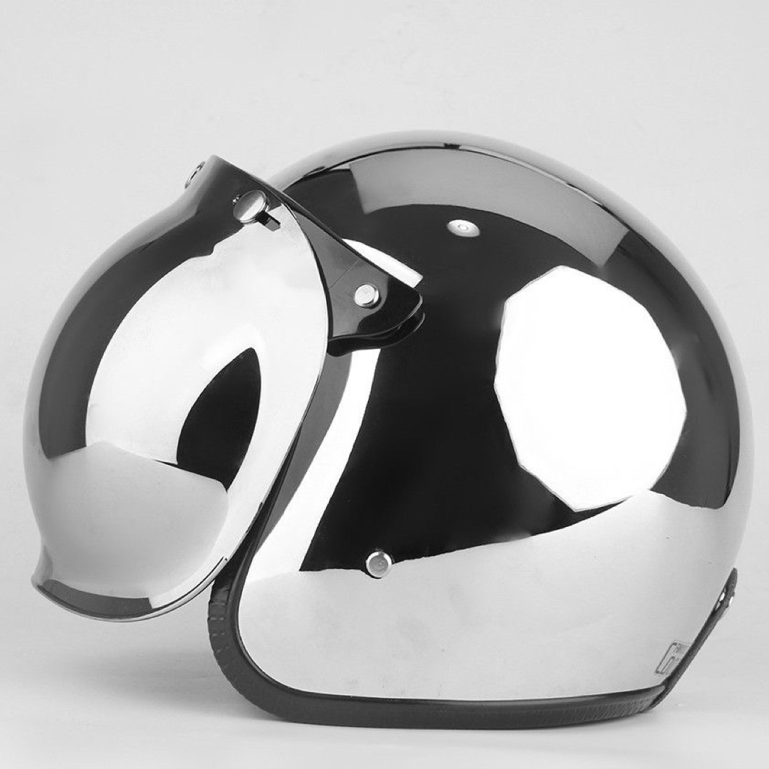 ジェットヘルメットシールド付き シルバーメッキ銀色バイクヘルメット新品四季