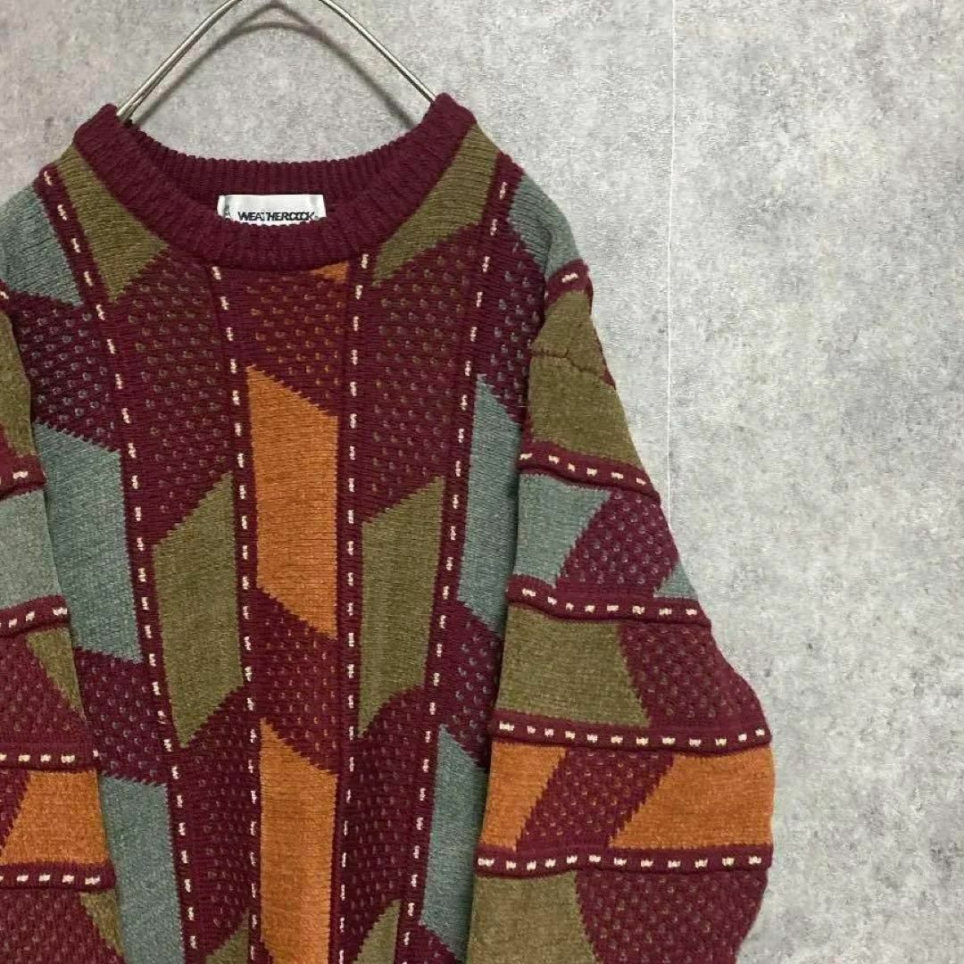90S vintage 3Dニット えんじ 総柄 メンズ M 古着 個性派 奇抜 90S vintage 3Dニット えんじ 総柄 メンズ M 古着 個性派 奇抜